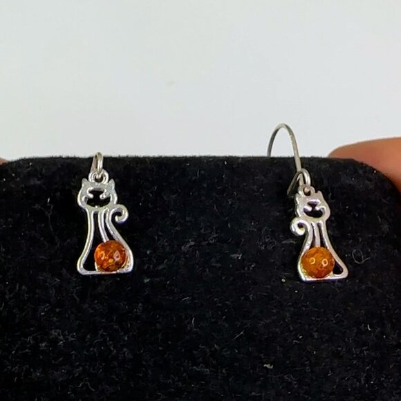 Sterling Silver 925 Petite Baltic Amber Silver Kitten Earrings - Picture 5 of 12